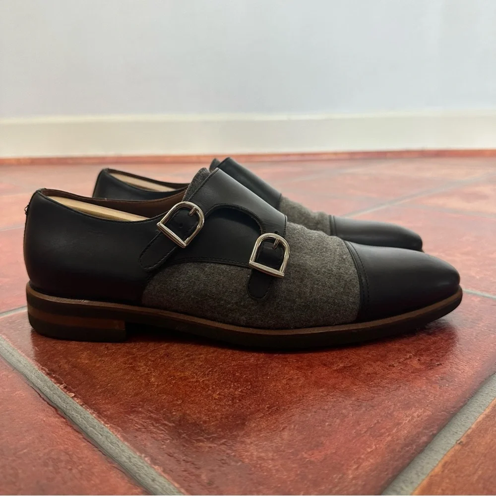 Taft Men’s Double Monk Strap Shoes in Italian Leather and Grey Flannel